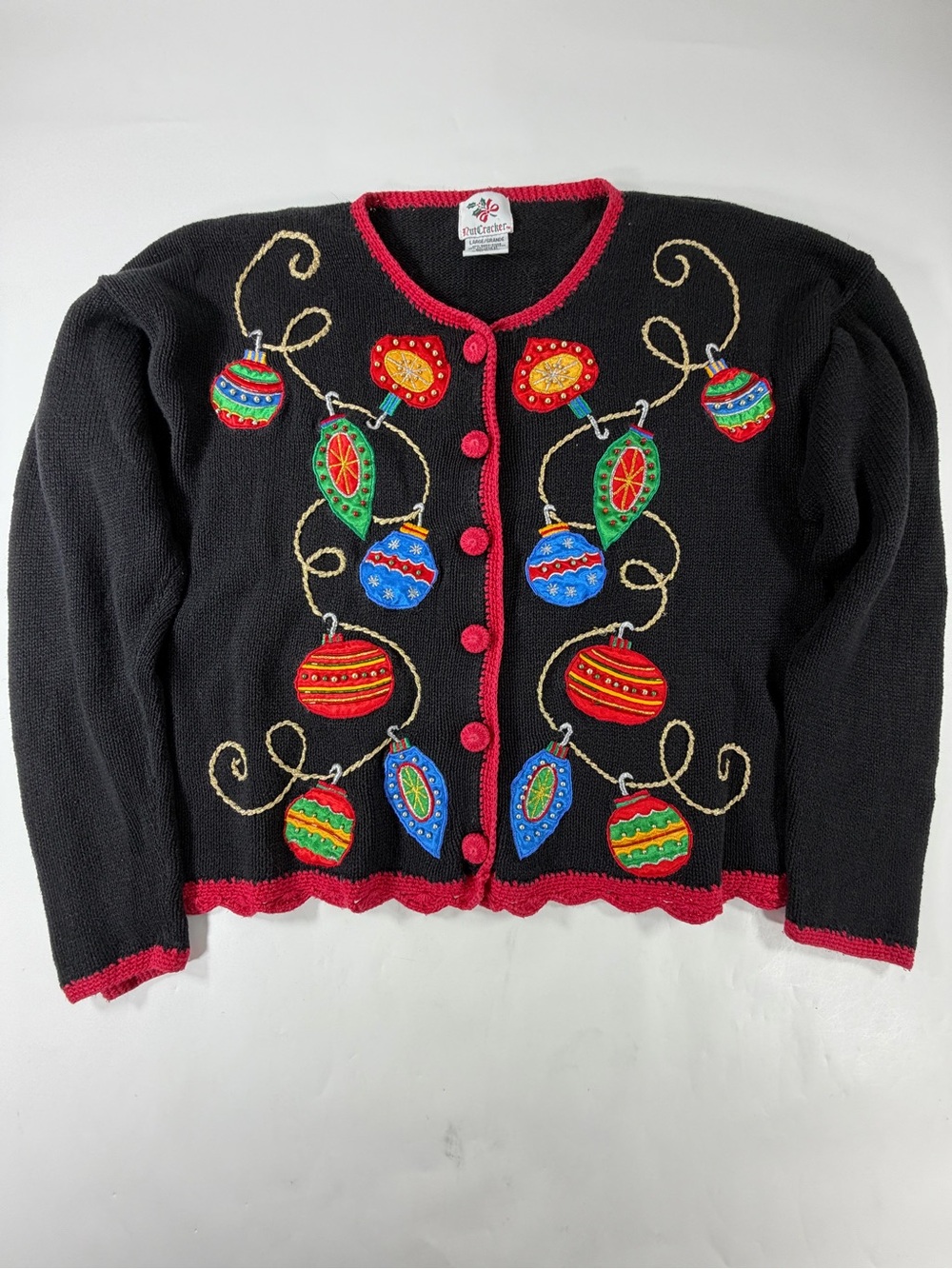 Vintage 90s NutCracker Christmas Ornament Cardigan Sweater Beaded L